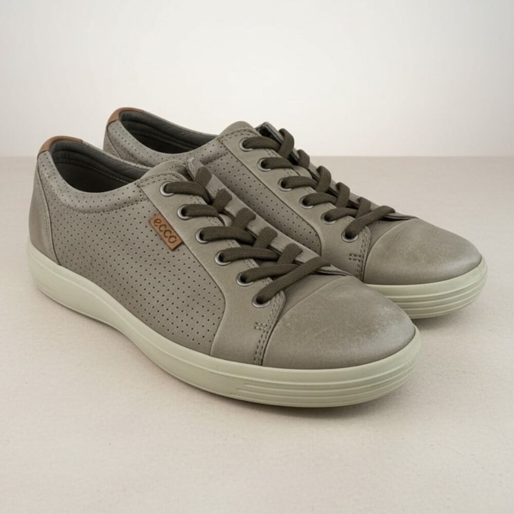 ECCO Soft 7 Perf Tie Sneakers Gray Leather Casual Shoes Size 42